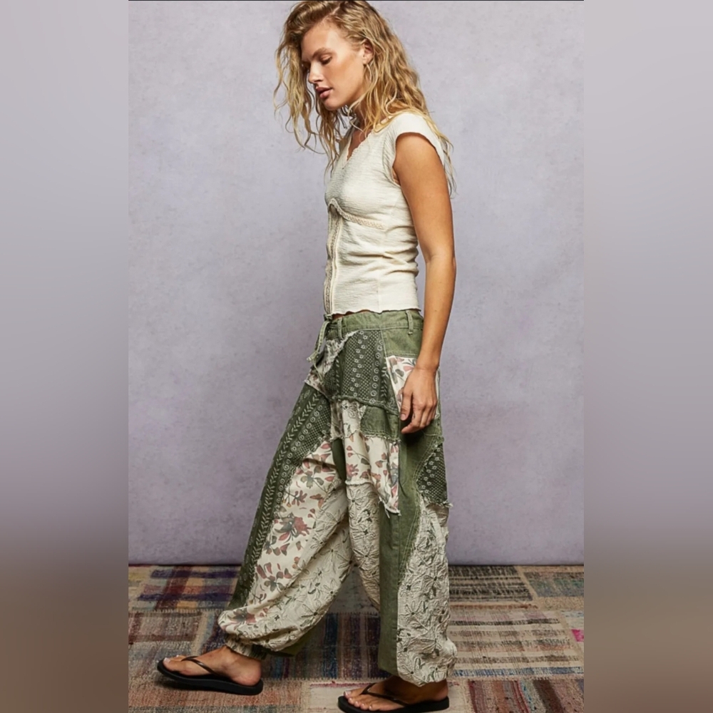 POL Olive & Cream Patchwork Jogger Pants - Picture 5 of 9
